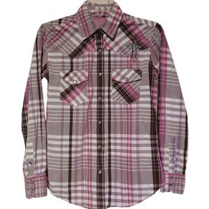Cowgirl Hardware Pink Brown Plaid Snaps Embroidered Shirt Women Small